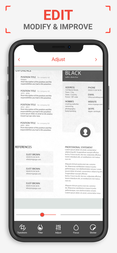PDF Scanner AI Note text files - Mobile screen showing the edit and adjust tools for a scanned document in the PDF Scanner app.