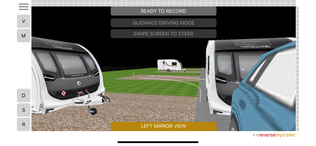 ReverseMyTrailer - ReverseMyTrailer simulator interface showing caravan reversing guidance and left mirror view