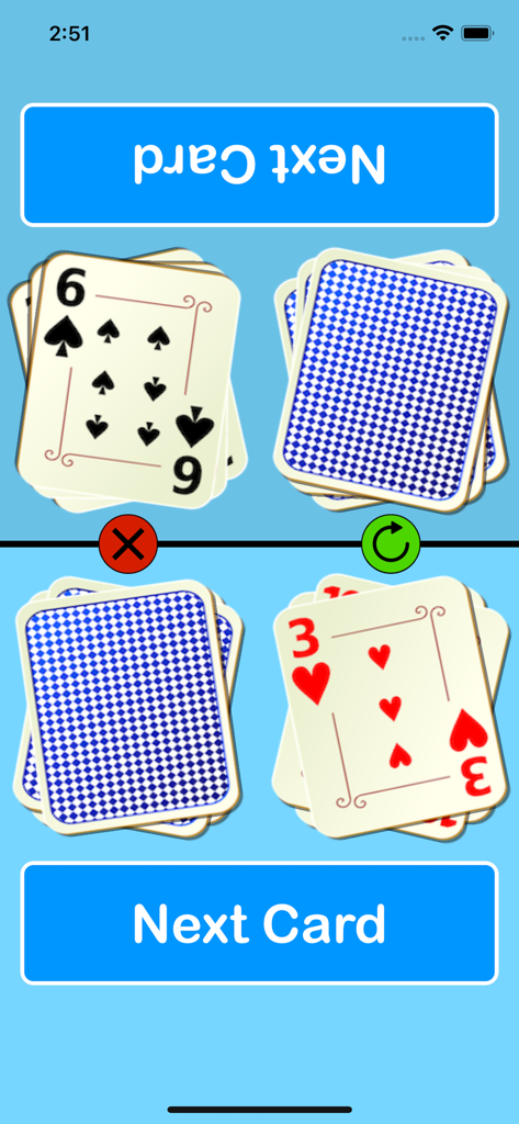 Snap - Classic Card Game - Geteilter Multiplayer-Bildschirm des Snap-Kartenspiels, der Kartendecks und Schaltflächen für die nächste Karte anzeigt