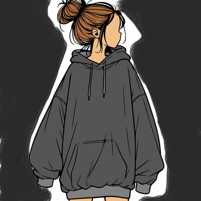 realistic girl with a oversized sweatshirt on and a bun