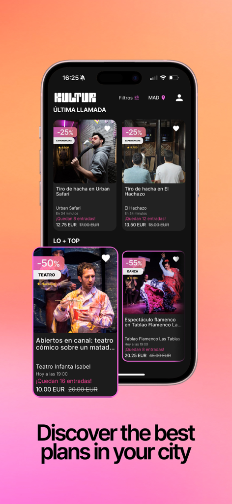 Kultur app interface displaying discounted last minute tickets for theater and local events