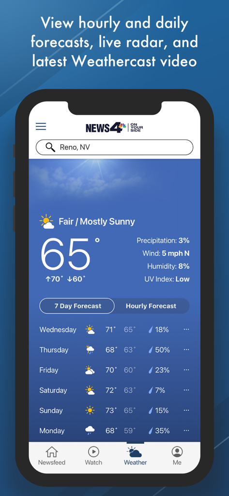 News 4 Reno mobile app displaying a 7 day weather forecast for Reno Nevada