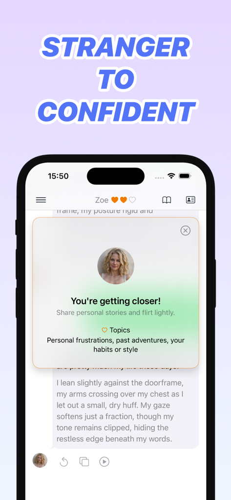 Uncensored AI - InkPal - A screenshot of the InkPal app showing a character chat interface with a notification about building a closer relationship from stranger to confidant.