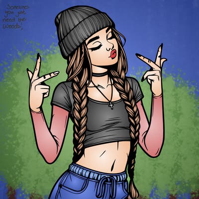 realistic teenage girl with braids and a beanie and crop top doing 🫶🏼
