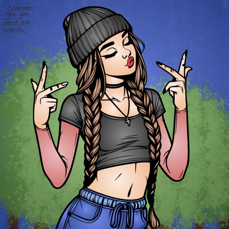 realistic teenage girl with braids and a beanie and crop top doing 🫶🏼