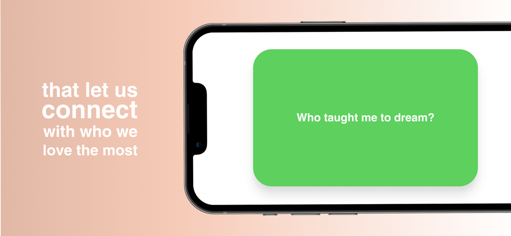 누가 나에게 꿈꾸는 법을 가르쳐 주었는지에 대한 질문이 있는 녹색 대화 카드를 표시하는 스마트폰