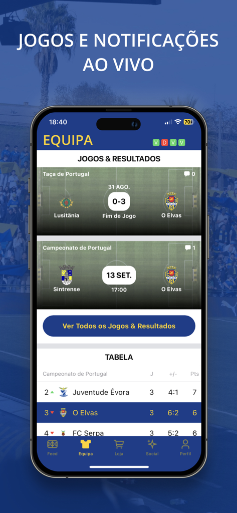 O Elvas - Interface da aplicação O Elvas mostrando resultados de jogos de futebol e a tabela classificativa do Campeonato de Portugal