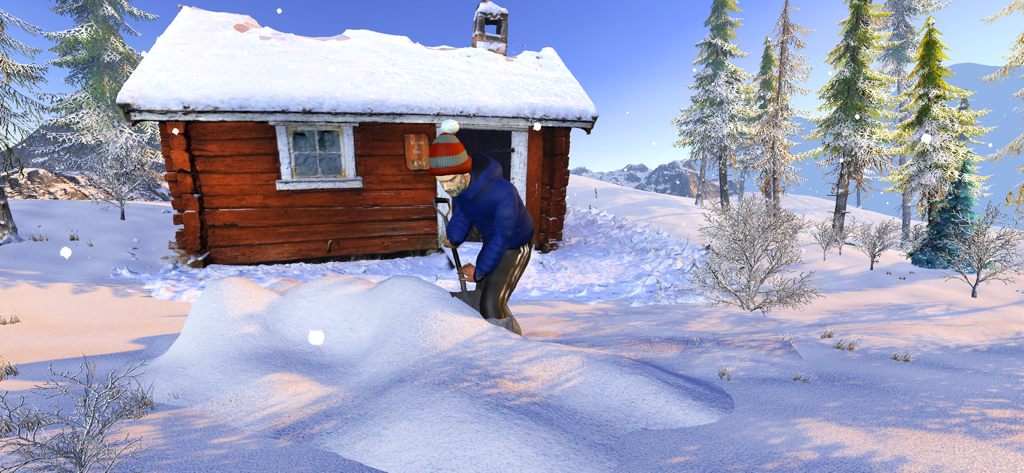 A character shoveling snow in front of a wooden cabin in a winter landscape