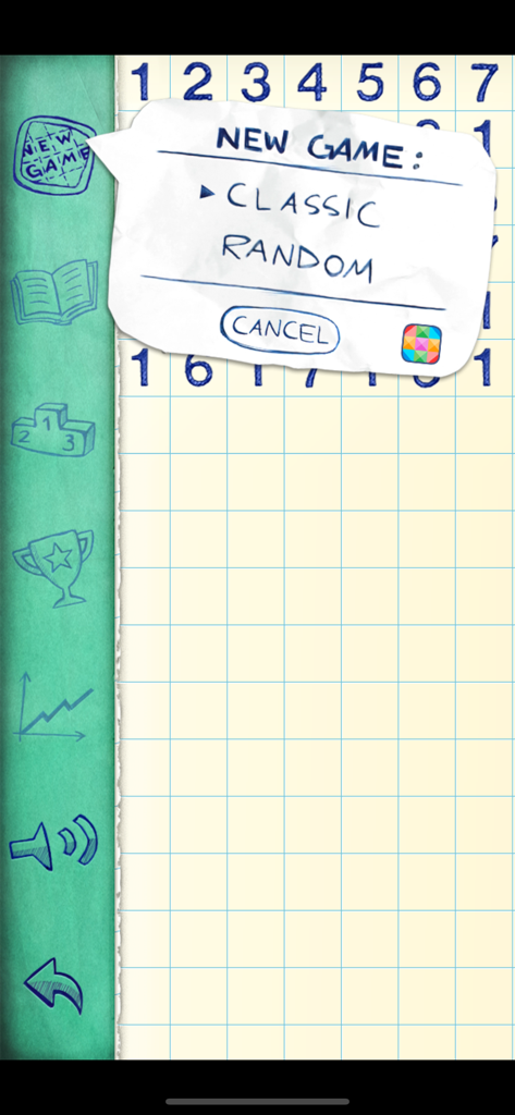 Numberama 2 - The new game selection menu in Numberama 2 featuring classic and random options on a paper grid background