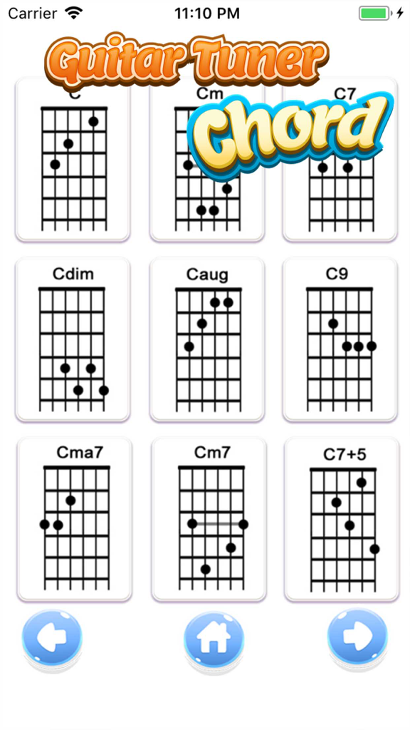 Perfect Guitar Tuner & Chords - Una biblioteca de diagramas de acordes de guitarra que muestra varias variaciones del acorde Do.