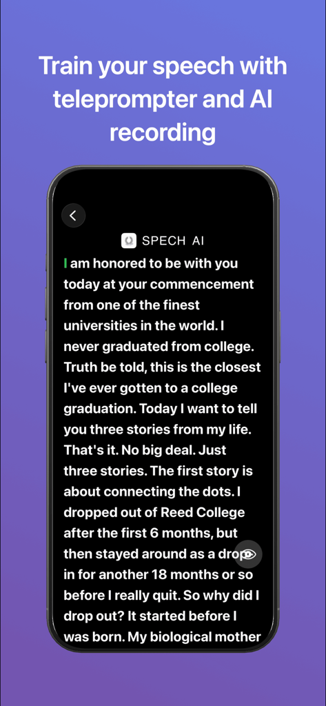 Speaking Coach -  SpechAI - Interfaz de la aplicación SpechAI que muestra una pantalla de teleprompter con un discurso profesional para entrenamiento y grabación de IA.