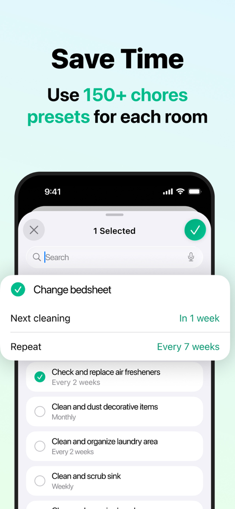 Mobile app screen showing a list of preset household cleaning tasks and scheduling options.