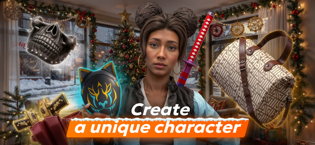 Vibe City — online RP - A female character in Vibe City surrounded by unique items like masks, a katana, and a designer bag with the text Create a unique character
