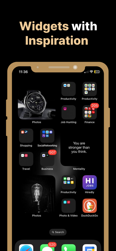Mentality - Daily quotes - Mentality app widget on an iPhone home screen displaying an inspirational quote