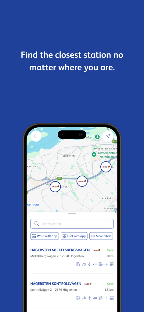 Map view of the OKQ8 mobile app showing nearby gas stations and car wash locations