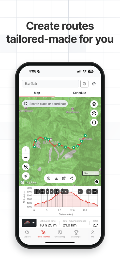 Hikingbook app route planner showing a trail map and elevation profile for a 21km hike