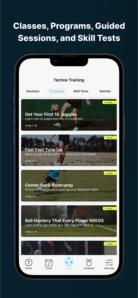 Techne Futbol: Soccer Training - Interface de l'application Techne Futbol montrant divers programmes d'entraînement de football et tests de compétences