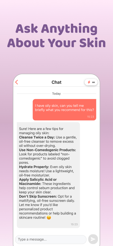 A screenshot of the Glowify app showing an AI chat interface providing personalized skincare tips for oily skin.