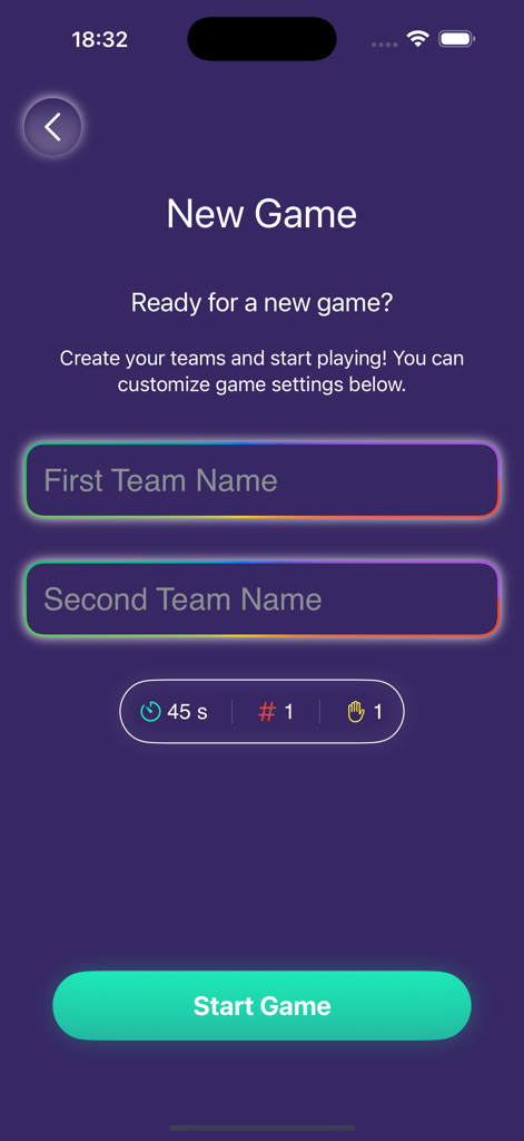 Taboo Game Offline  Many Words - Tela de configuração para o Jogo Tabu Offline, onde os jogadores inserem os nomes das equipes e personalizam a duração das rodadas e os limites de passe antes de começar.