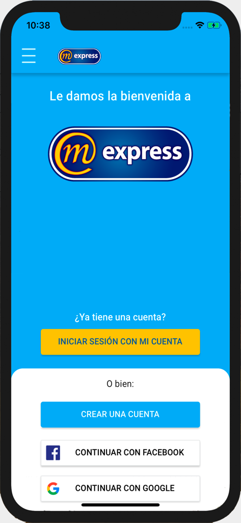 MExpress - Welcome screen of the MExpress shopping app with login and registration options