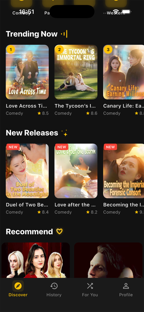 RaptDrama - La schermata Discover dell'app RaptDrama che mostra serie drammatiche verticali di tendenza e nuove in formato breve