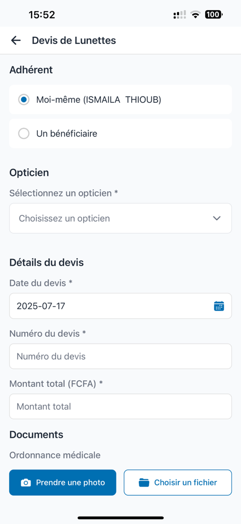 Mobile screen of the My Transvie app showing a form to submit an optical quote for eyeglasses with member details and document upload options.