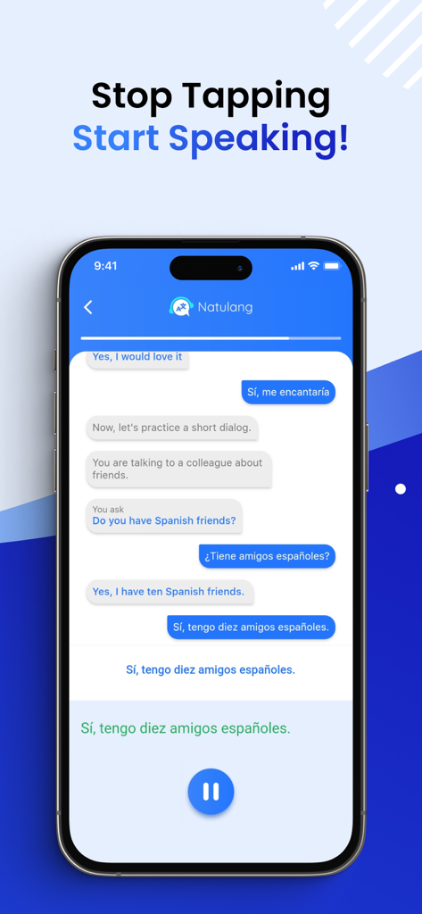 Une capture d'écran de l'application Natulang montrant une leçon de conversation en espagnol avec le titre Arrêtez de taper, commencez à parler