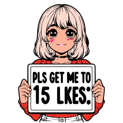 realistic girl holding up a sign that says “pls get me to 15 likes!”