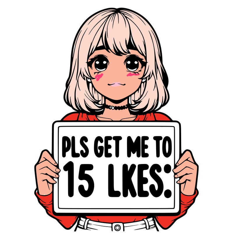 realistic girl holding up a sign that says “pls get me to 15 likes!”
