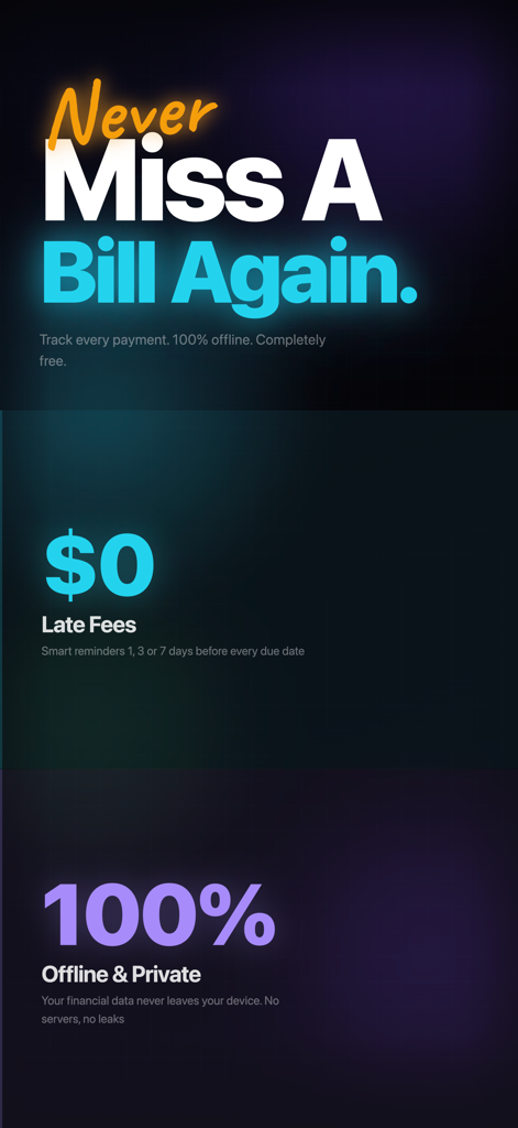 Last Payment: Bill Tracker - Banner promocional para la aplicación Last Payment Bill Tracker con recordatorios de facturas y seguridad de privacidad offline