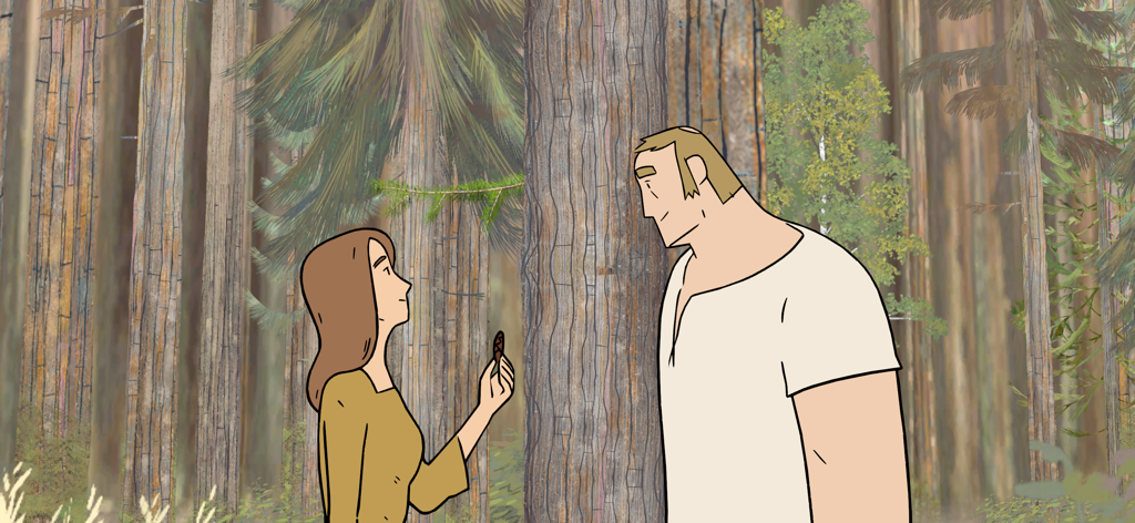 Pine: A Story of Loss - 背の高い松の森の中に一緒に立つ木工職人と妻の手描きの С анимация。