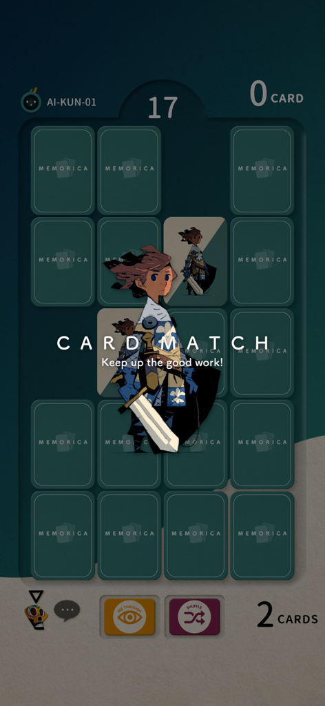MEMORICA - Screenshot of Memorica app showing a successful card match during gameplay with character art and strategy skill cards