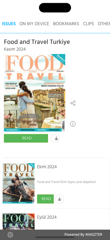 Food and Travel Turkiye - Interfaz de la aplicación móvil Food and Travel Turkiye mostrando números recientes de revistas para leer y descargar