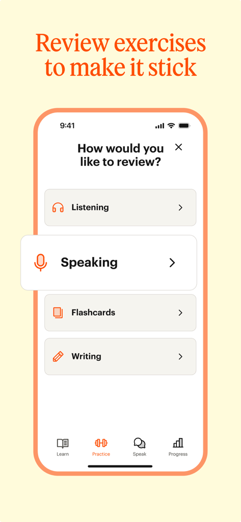 L'interface de l'application mobile Babbel présente les options de révision linguistique pour l'expression orale, la compréhension orale, les flashcards et l'écriture.