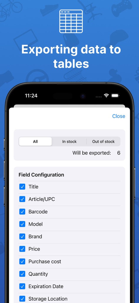 StockFlow: Warehouse control - Interface of StockFlow app showing inventory data export settings and field selection