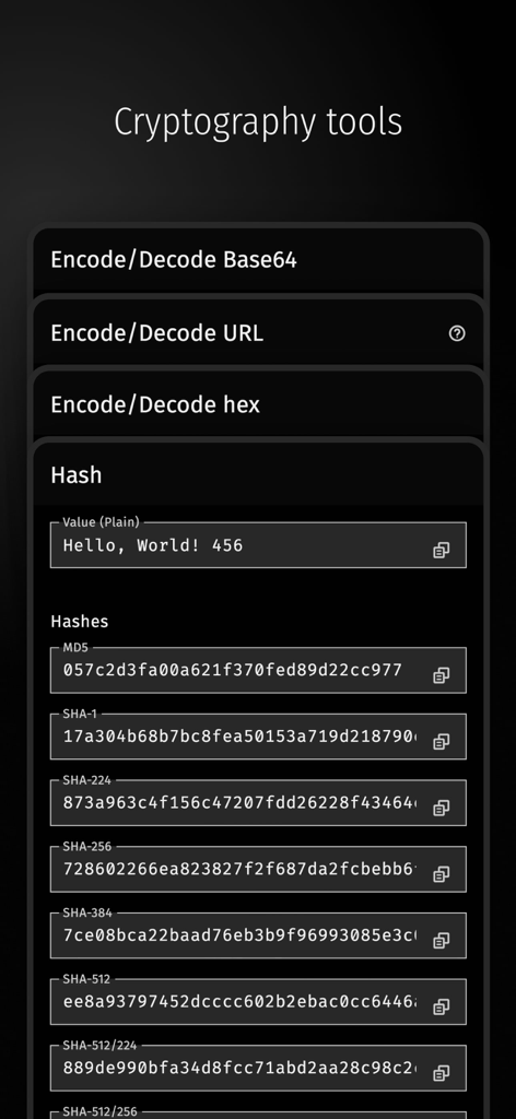 Developer Tools: Exabox - Cryptography tools interface in Exabox app showing various hash algorithms like MD5 and SHA-256 for text input