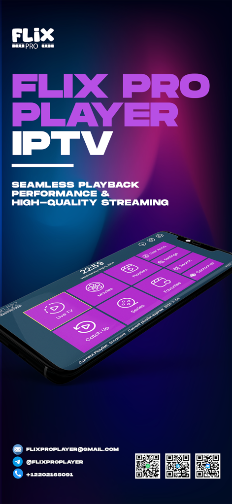 Flix Pro Player - Flix Pro Player IPTV app interface displaying menu options for streaming movies and live channels on a smartphone.