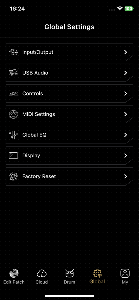 Globales Einstellungsmenü der Ampero II Stage App mit Optionen für Audio, MIDI und Steuerelemente