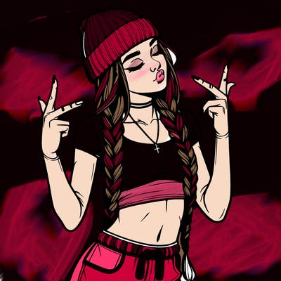 realistic teenage girl with braids and a beanie and crop top doing 🫶🏼