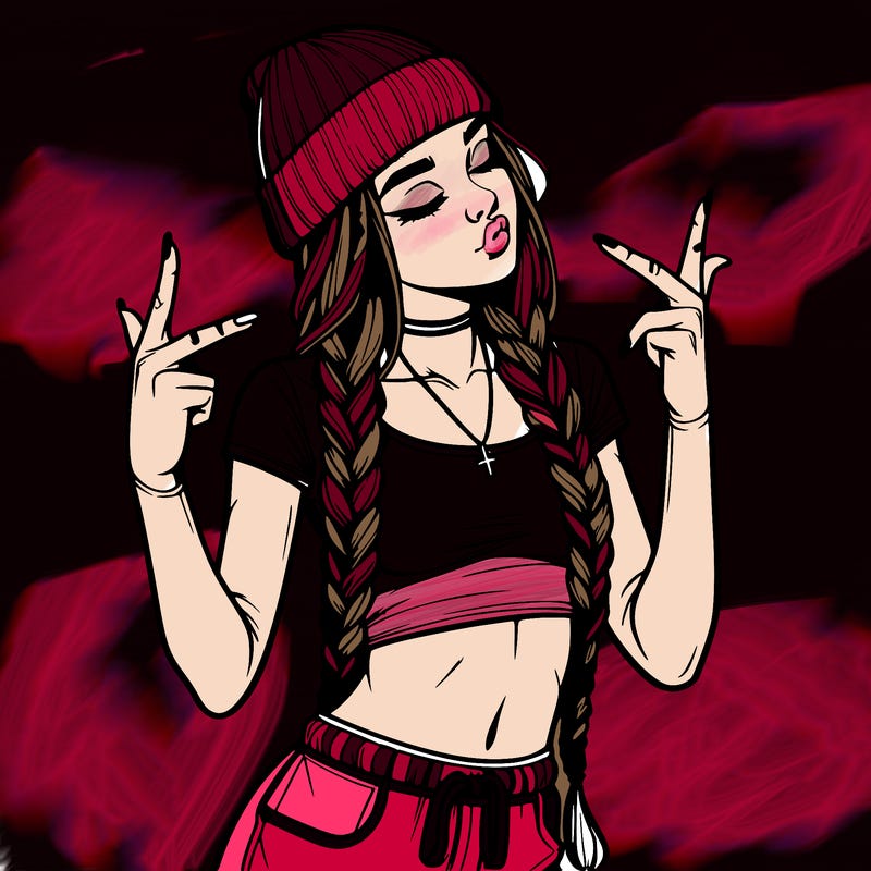 realistic teenage girl with braids and a beanie and crop top doing 🫶🏼