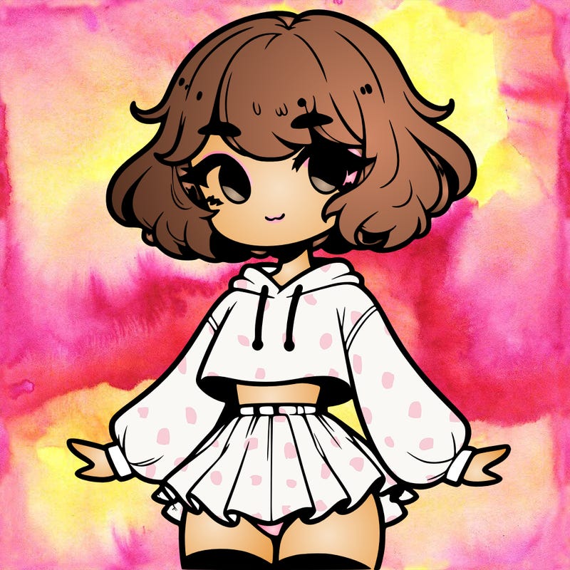 cute femboy with short, fluffy hair that softly frames their face, wearing a cropped hoodie, paired with a flouncy short skirt, and thigh-high stockings