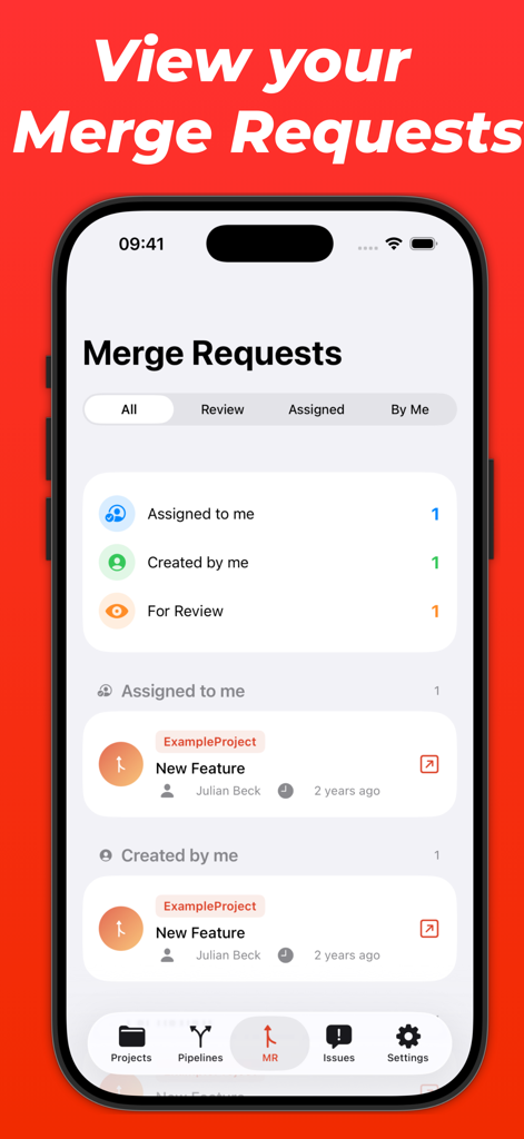 Glance for Gitlab - A mobile app interface displaying a list of GitLab merge requests organized by categories.