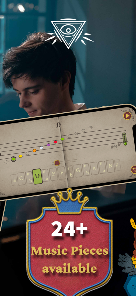Magic Flute app interface showing musical notes and 24 plus available music pieces