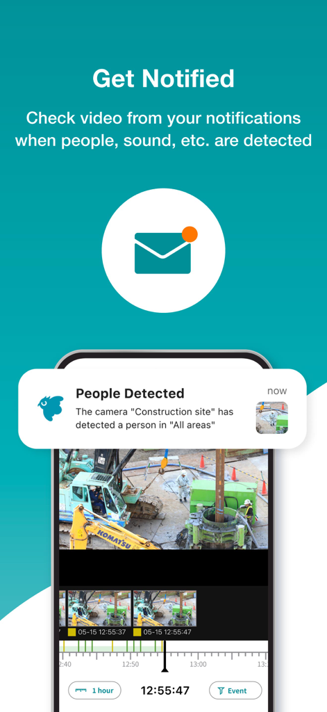 Smartphone screen showing a people detected notification from a construction site camera in the Safie Viewer app