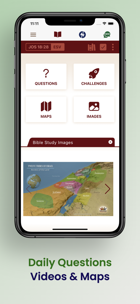 Bible Study Together - Interfaz de la aplicación Estudio Bíblico Juntos mostrando preguntas diarias y un mapa histórico de Israel.
