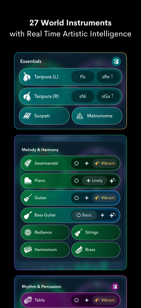 Interfaz de la aplicación NaadSadhana mostrando una lista de instrumentos del mundo incluyendo Tanpura, Tabla y Piano