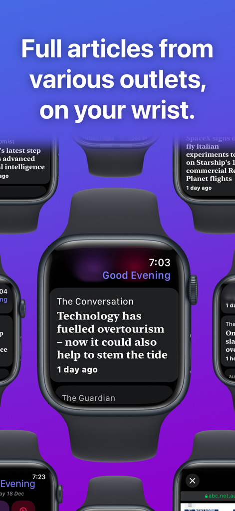Multiple Apple Watches displaying full news articles from various outlets on a purple background