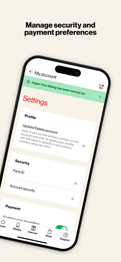 Interfaccia dell'app My Verizon For Business che mostra le impostazioni di sicurezza e pagamento su un iPhone.