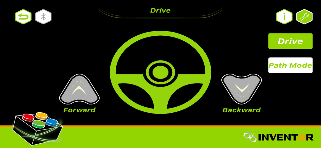 XP Block app interface showing the drive mode with a digital steering wheel and forward and backward buttons