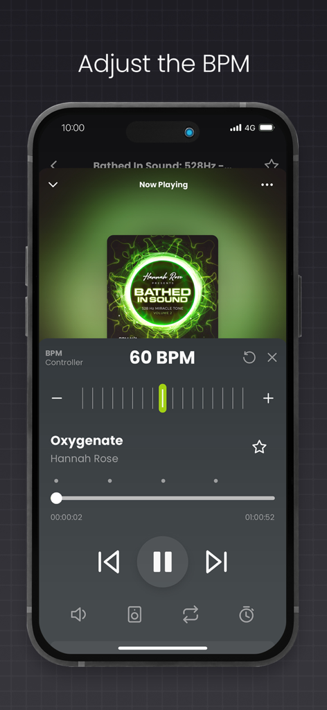 Pure Energy Music - Pure Energy Musicアプリのインターフェース。トラックテンポを調整するためのBPMコントローラーを表示